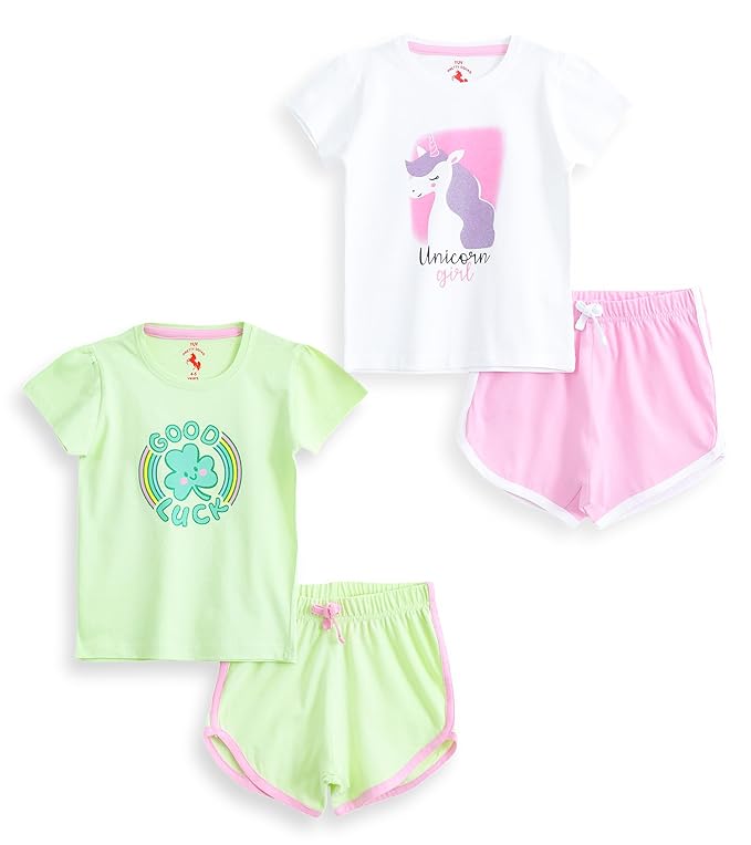 YUV Pretty Squad Girls 100% Cotton Printed Coord Sets, T-Shirts and Shorts, Pack of 2, Ages 1 to 8 Years